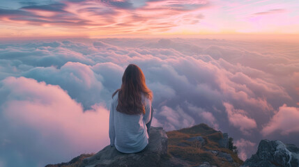 Obraz premium Rear view of a young woman sitting on a mountain top, peacefully gazing at low-lying morning clouds and pastel sunrise colors