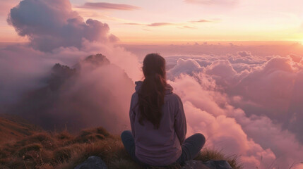 Obraz premium Rear view of a woman on a mountain top, enjoying the serene sunrise with pastel colors and low-lying morning clouds