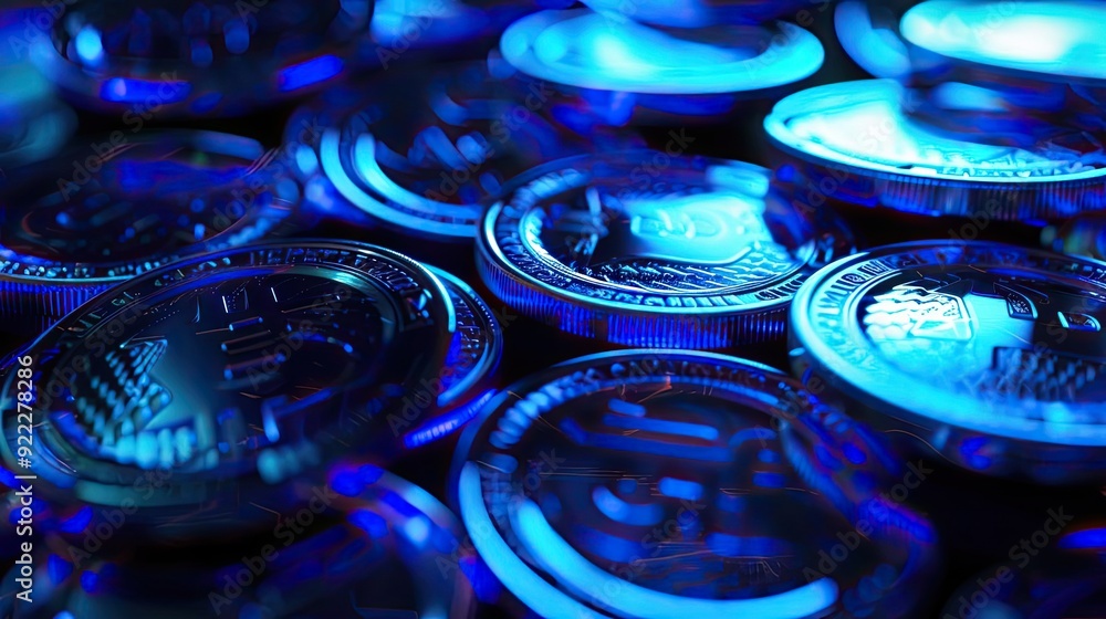 Poster futuristic coins illuminated by blue light, showcasing intricate designs and modern currency concept