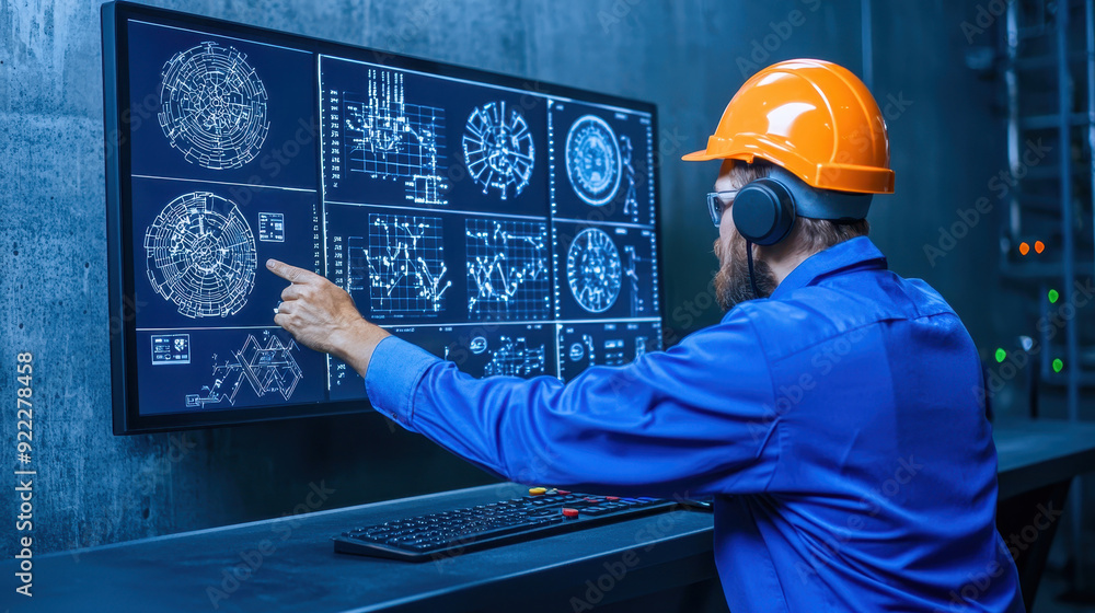 Aufkleber engineer examining digital data on a screen in a futuristic control room, showcasing advanced techno