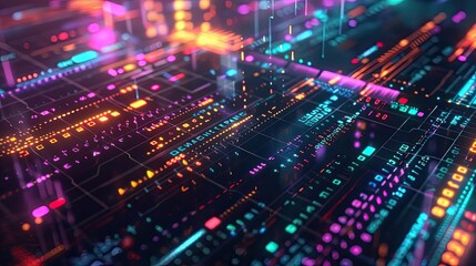 Vibrant abstract digital background with colorful lights and intricate patterns representing technology and innovation.