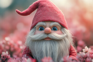 A garden gnome with a cheerful expression, set against a pastel pink background,