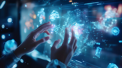 Hands interact with a glowing holographic interface in a futuristic environment, manipulating complex digital data and neural networks in a high-tech setting.