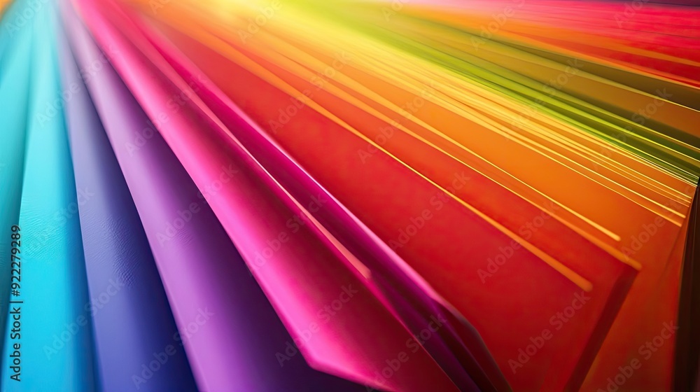 Poster vibrant collection of colorful paper sheets arranged in a dynamic pattern, showcasing a spectrum of 