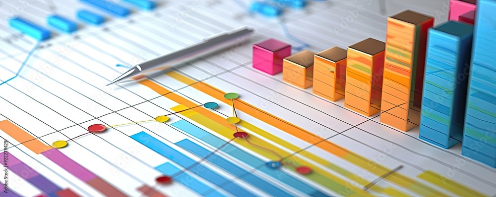 Poster a close-up view of colorful graphs and charts, showcasing data analysis and business growth trends w