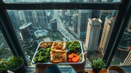 Modern Office Lunch Break: Person Choosing Between Homemade Meal and Takeout Delivery Menu in High-Rise Workspace