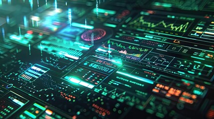 Obraz premium Futuristic digital interface with vibrant data visualizations and advanced analytics in cyberpunk style.