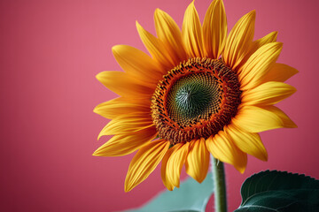 Obraz premium A sunflower standing tall with a bright bloom, isolated on a pastel coral background,