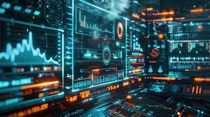 Fototapeta premium Futuristic digital interface displaying data analysis and graphs, showcasing technology and innovation in a high-tech environment.