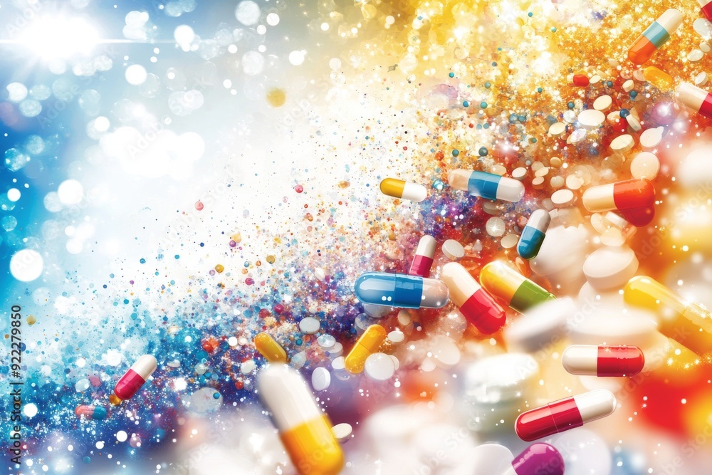 Poster a creative and dynamic flat lay composition of colorful pills and capsules forming a circular frame 