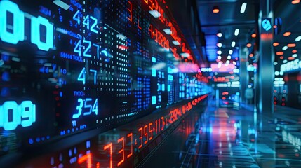 Futuristic data center displaying vibrant digital screens with glowing numbers and graphs, symbolizing advanced technology and connectivity.