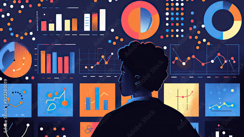 Poster a person studies vibrant data visualizations displayed on a digital screen in a dimly lit office