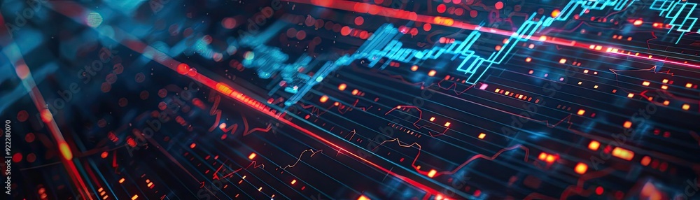 Poster futuristic digital landscape showcasing vibrant data streams and complex graphs, ideal for technolog