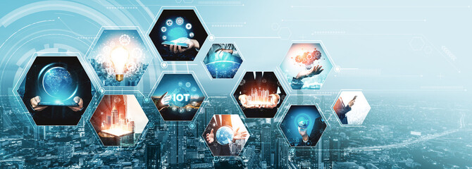 Communication technology , smart connection IOT and people network technology concept. People using...