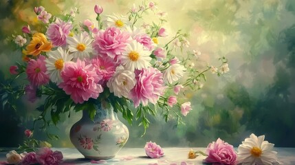 Obraz premium A beautiful bouquet of pink and white flowers in a decorative vase, capturing nature's elegance.