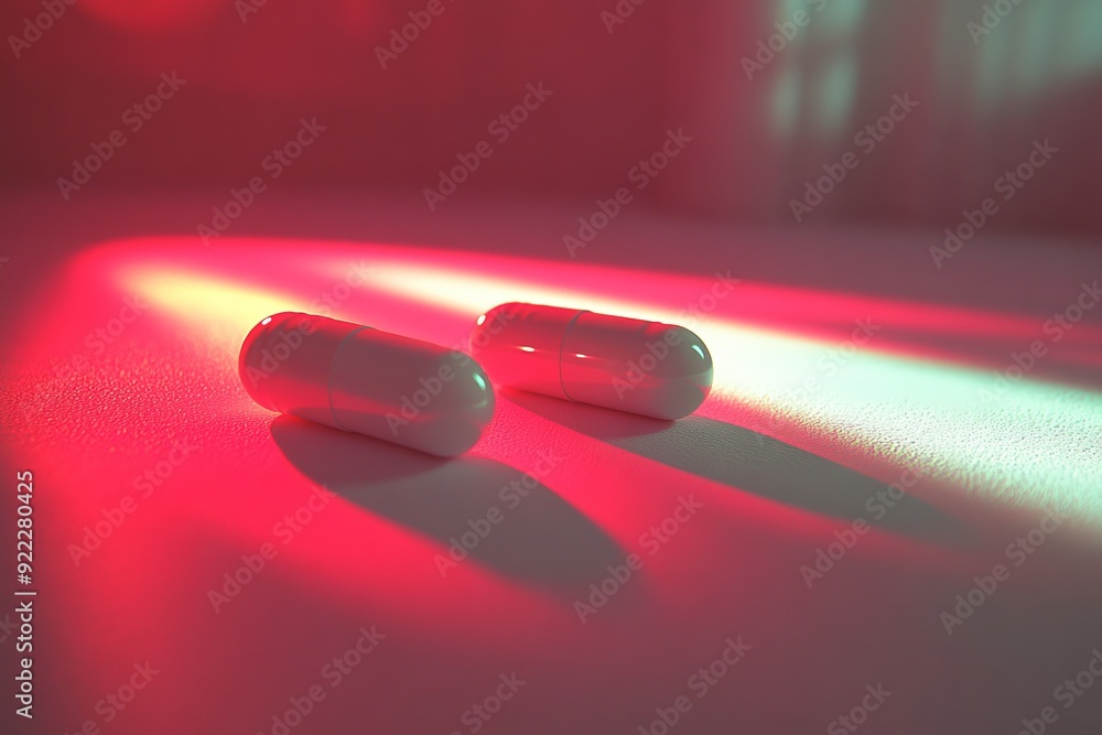Poster a futuristic and intense image of glowing capsules under red lighting symbolizing the power precisio