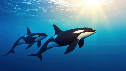 A pod of orcas swimming beneath the ocean surface, their silhouettes visible against the deep blue water, photorealistic