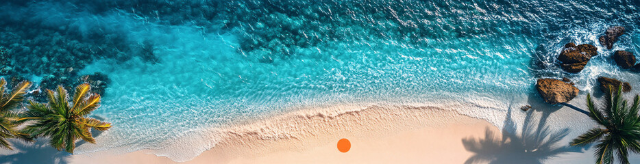 Aerial view of a tropical beach with clear blue water, palm trees, and scattered rocks along the shoreline

