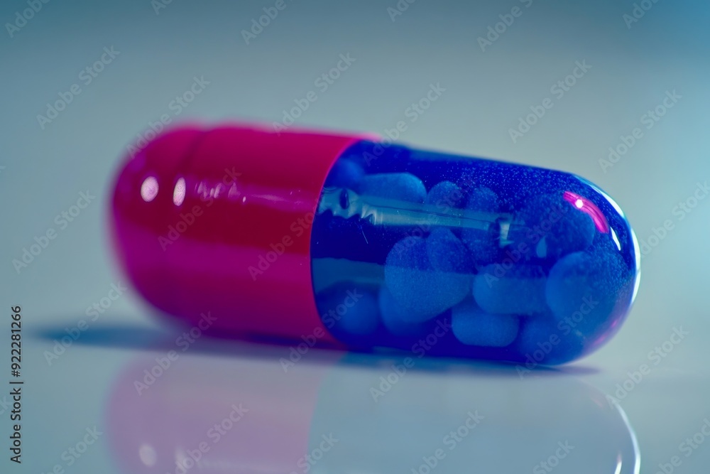 Poster a futuristic and sleek image of a transparent capsule filled with tiny blue pills symbolizing the pr