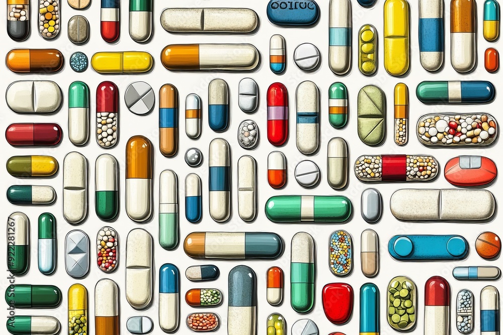 Poster a vibrant and colorful grid of different capsules and pills arranged in an organized pattern symboli