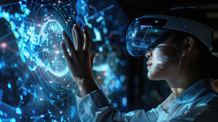 A woman examines interactive holographics while immersed in a virtual reality experience