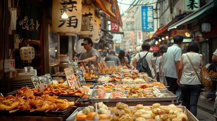 Naklejka premium Vibrant Osaka Market Scene: Fresh Seafood, Takoyaki, Traditional Street Foods