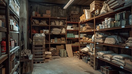 Obraz premium A store room with industrial shelving units containing a variety of packed goods.