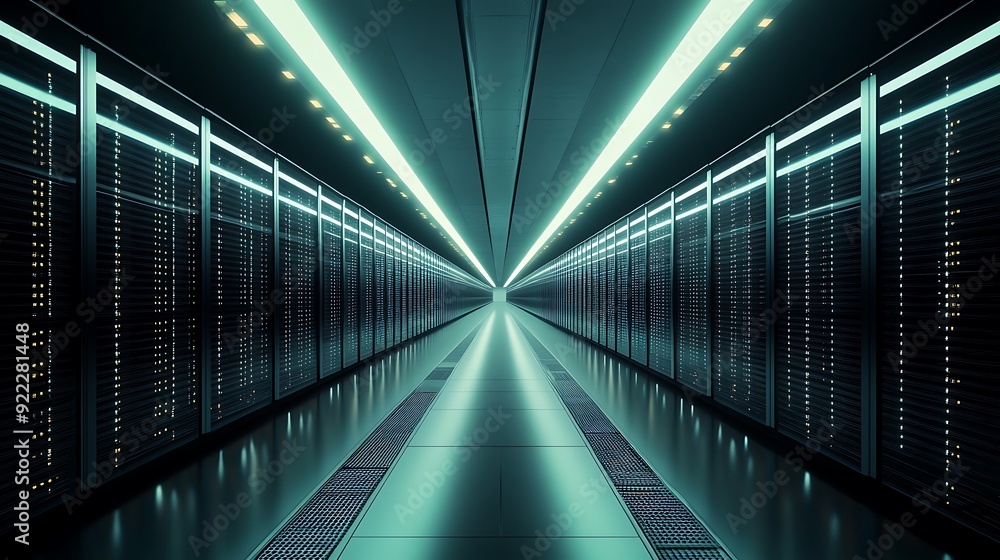 Poster Wide-Angle View of a Massive Data Center with Rows of Servers and Blinking Lights