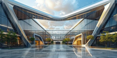 Naklejka premium A large building with a glass facade and a curved roof