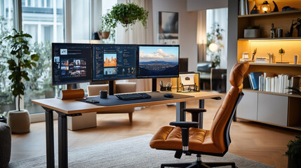 Modern home office with a large desk, dual monitors, ergonomic chair, and indoor plants. Bookshelves and decor create a stylish and functional workspace.