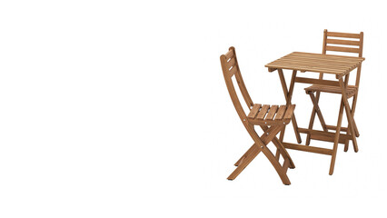 Closeup of outdoor table with two chairs, isolated on white copy-space background.