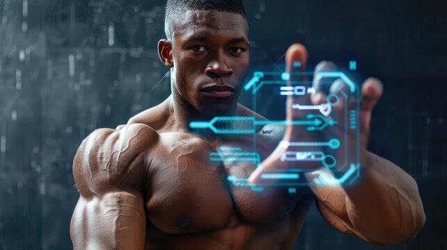 A fit individual engages with a digital interface while showcasing impressive muscles in a dimly lit gym