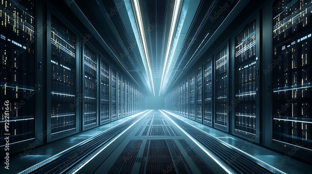 Poster wide-angle view of a massive data center with rows of servers and blinking lights