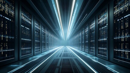 Fototapeta premium Wide-Angle View of a Massive Data Center with Rows of Servers and Blinking Lights