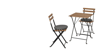 Closeup of outdoor table with two chairs, isolated on white copy-space background.