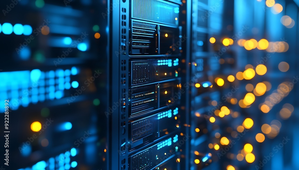 Poster close-up of server racks in a modern data center with blinking lights and organized cables