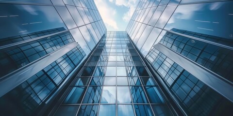 A city skyline with tall buildings and a clear blue sky