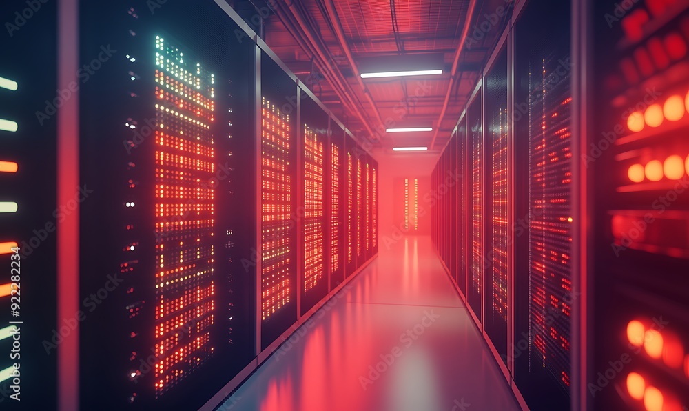 Poster mid-range shot of a high-tech data center with rows of blinking servers