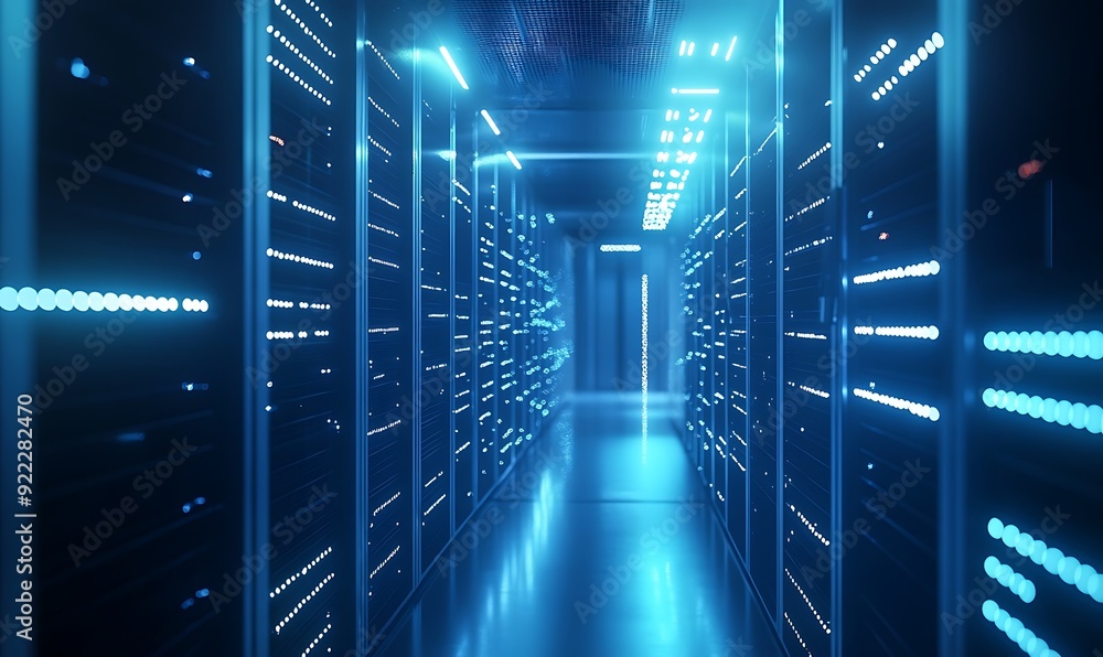 Poster mid-range shot of a high-tech data center with rows of blinking servers
