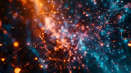Fototapeta premium Abstract background with glowing lines and bokeh lights in red, orange, and blue colors.