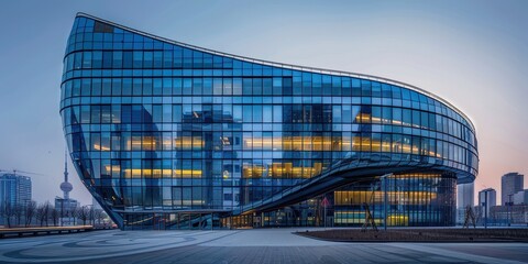 A large glass building with a curved roof