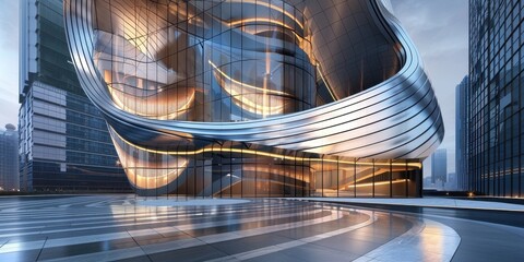 A large building with a lot of glass windows and a curved roof