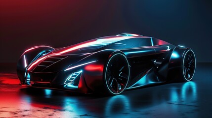 Futuristic black sports car with red and blue neon lights.