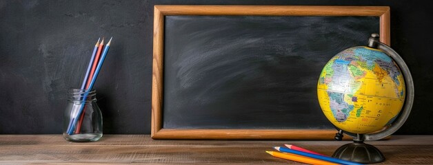Colorful pencils and a globe on a wooden desk with a chalkboard ready for back to school inspiration