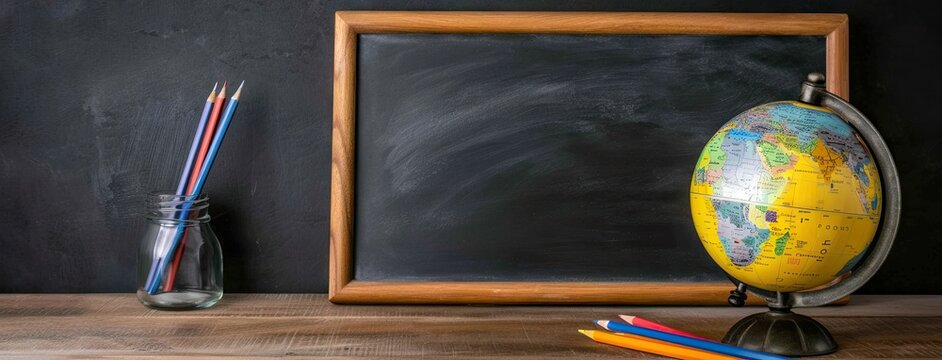 Colorful pencils and a globe on a wooden desk with a chalkboard ready for back to school inspiration