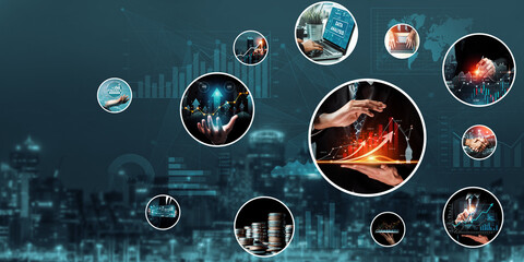 Futuristic business digital financial data technology concept for future big data analytic and business intelligence research for businessman analyst invest decisions making panoramic banner kudos