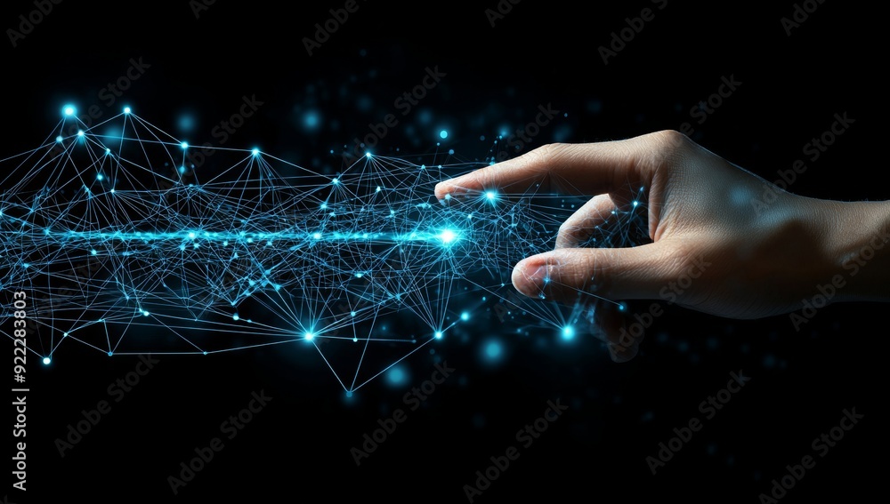 Aufkleber technology, internet network connection concept. finger touching on virtual screen with futuristic t