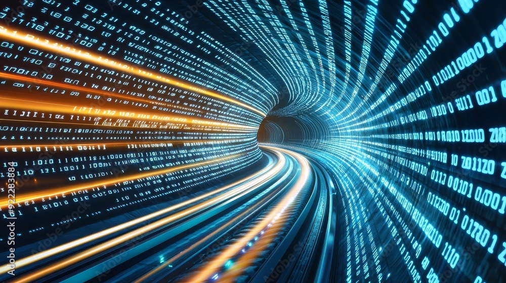 Poster in the form of streamed data, binary data is moving along a digital highway. stock