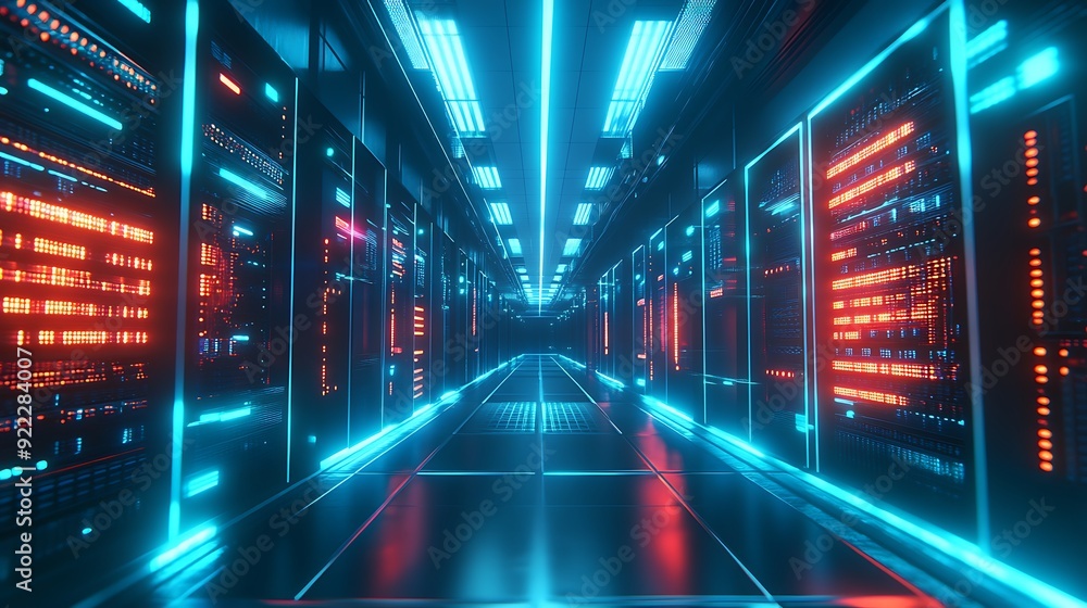 Poster dynamic shot of a data center corridor with blinking lights and rows of servers