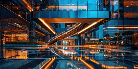 A cityscape with a large building in the background and a bridge over a plaza